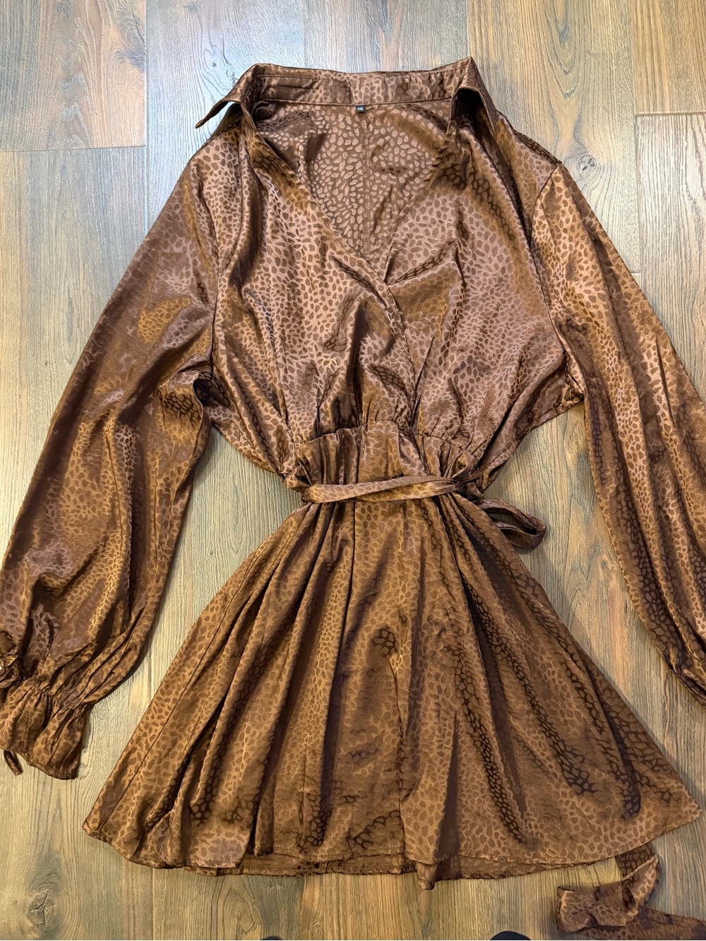 Brown Satin Animal-Print Wrap Dress with Collar